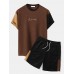 Mens Letter Embroidery Knitted Patchwork Crew Neck Short Sleeve Two Pieces Outfits