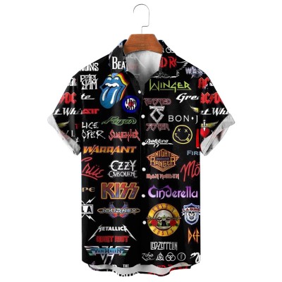 Men's Rock Punk Print Lapel Casual Loose Short Sleeve Shirt