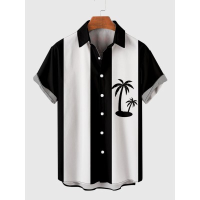 1960s Black & White Stripe Coconut Tree Printing Men's Short Sleeve Shirt