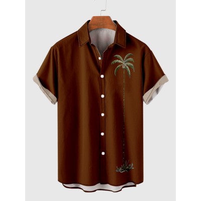 Retro SaddleBrown Coconut Palms Element Print Trendy Men's Short Sleeve Shirt