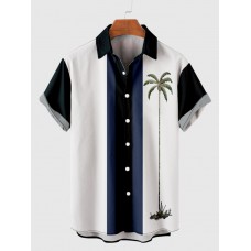 50s Navy & White Stitching Coconut Tree Printing Men's Short Sleeve Shirt