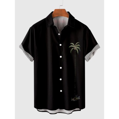 Retro Black Coconut Element Palms Print Trendy Men's Short Sleeve Shirt