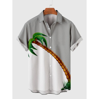 Gray & White Stitching Coconut Tree Printing Men's Short Sleeve Shirt