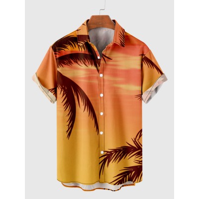 Full-Print Burning Nightfall and Coconut Trees Printing Men's Short Sleeve Shirt