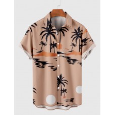 Orange Coconut Tree Print Summer Casual Men's Short Sleeve Shirt