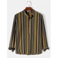 Mens Vertical Striped Half Button Cotton Long Sleeve Henley Shirts