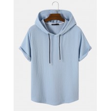 Mens Textured Solid Color Short Sleeve Drawstring Hooded T  Shirts