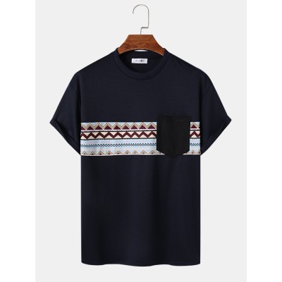 Mens Chevron Pattern Stitching Crew Neck Ethnic Short Sleeve T  Shirts